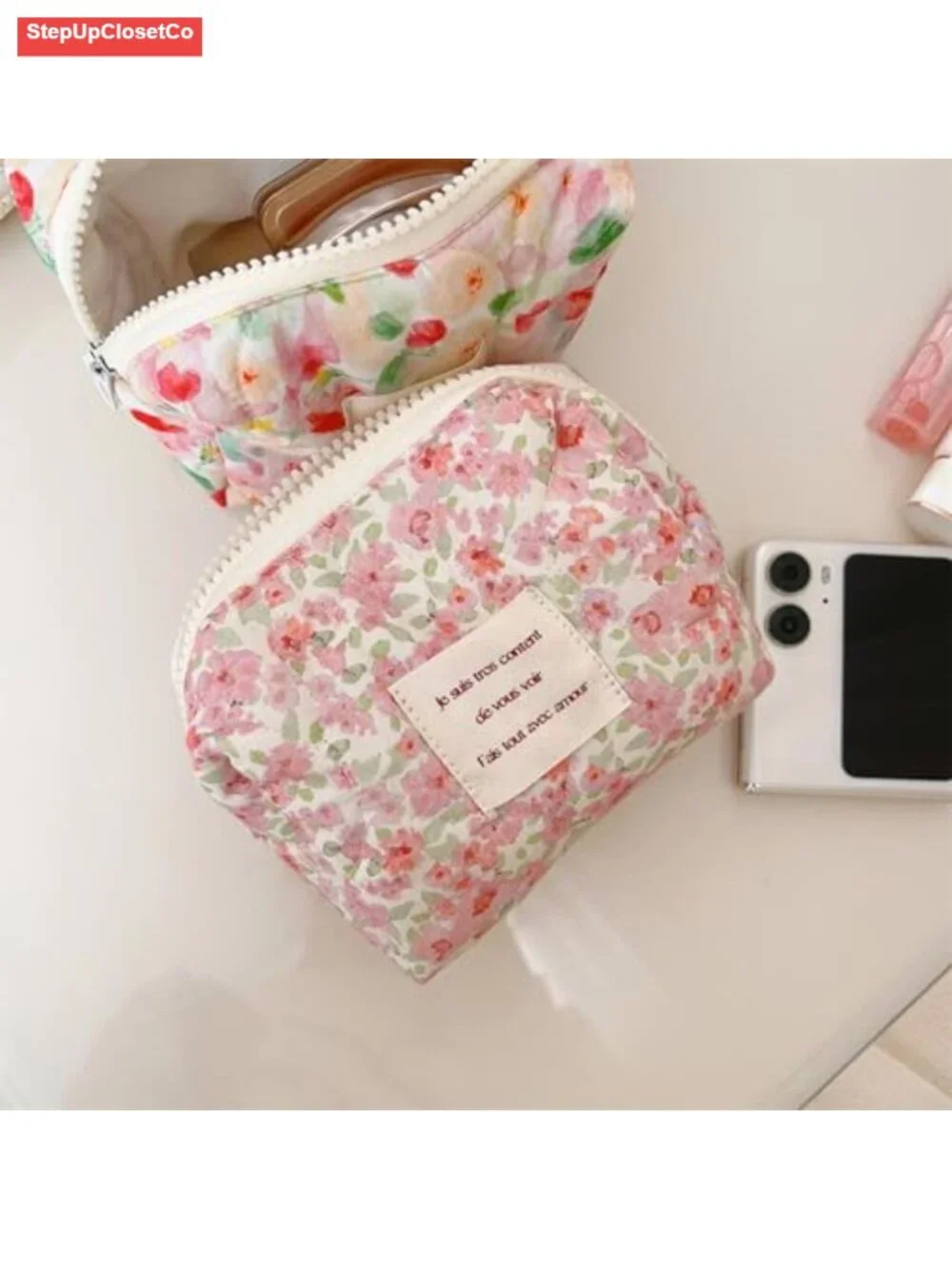 Quilted Cotton Floral Makeup Bag with Zipper, Small Travel Toiletry Organizer,